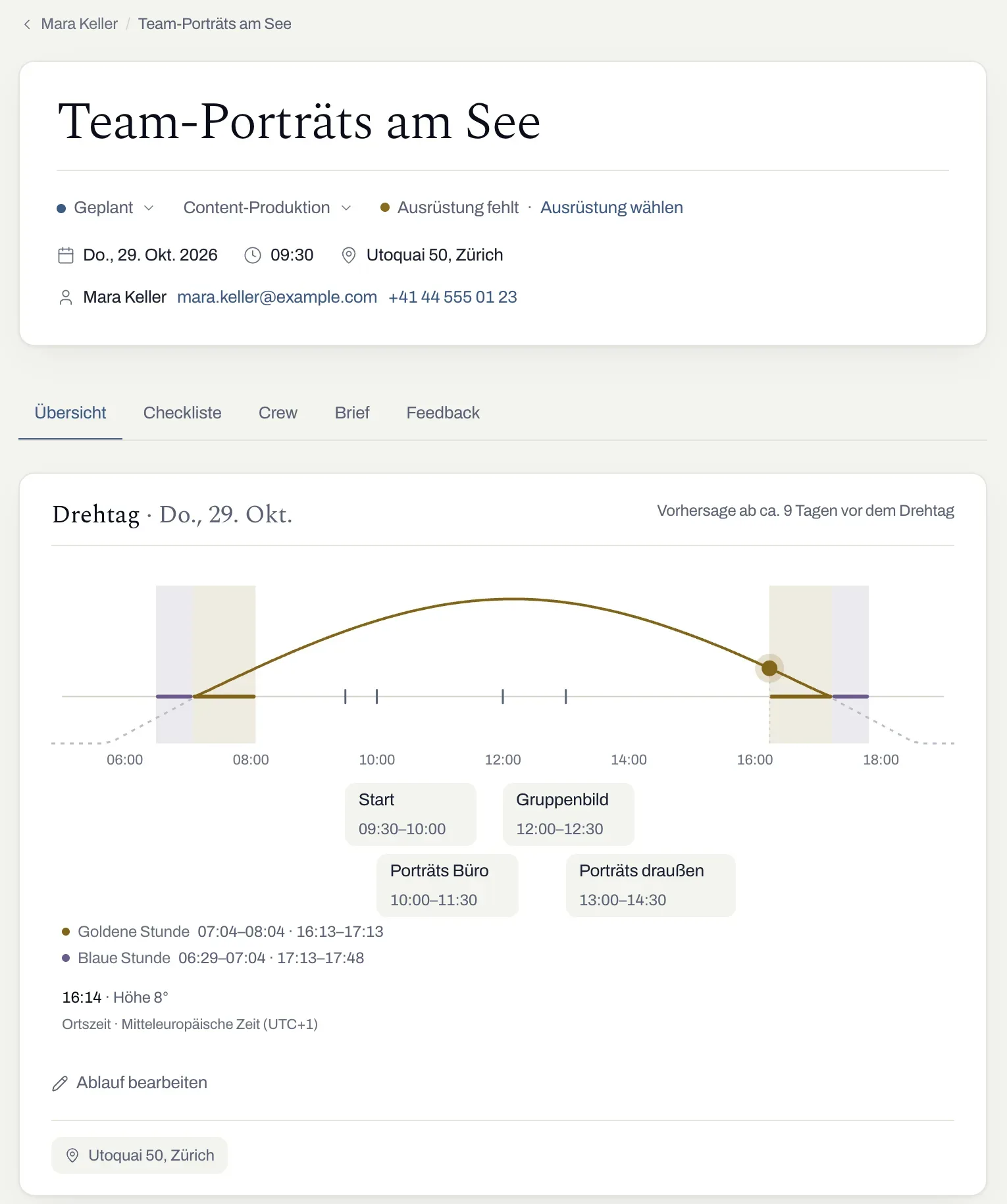 Session „Team-Porträts am See“ mit Datum, Uhrzeit, Ort, Kontakt von Mara Keller und dem Drehtag mit Sonnenbogen und Ablauf