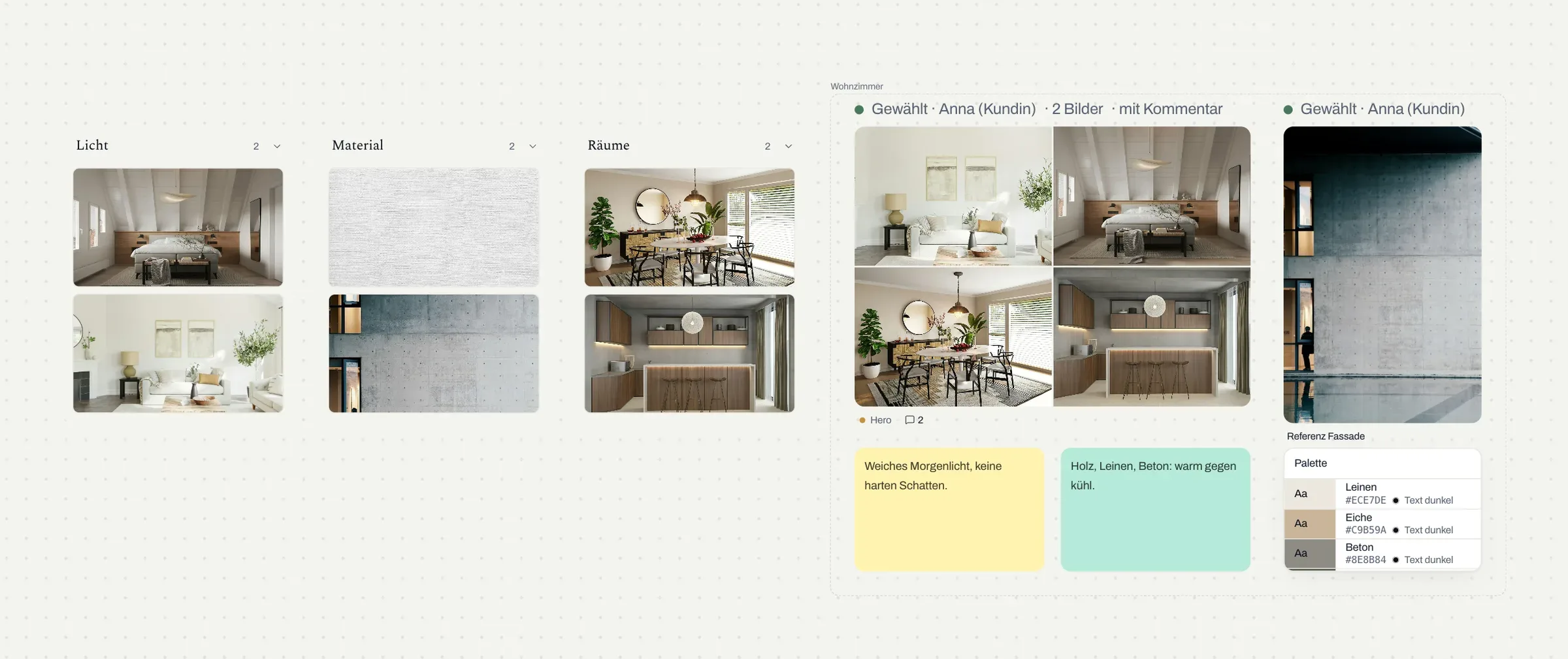 Moodboard mit drei Spalten (Licht, Material, Räume) und einem Rahmen „Wohnzimmer“ mit Galerie, Notizen und Farbpalette