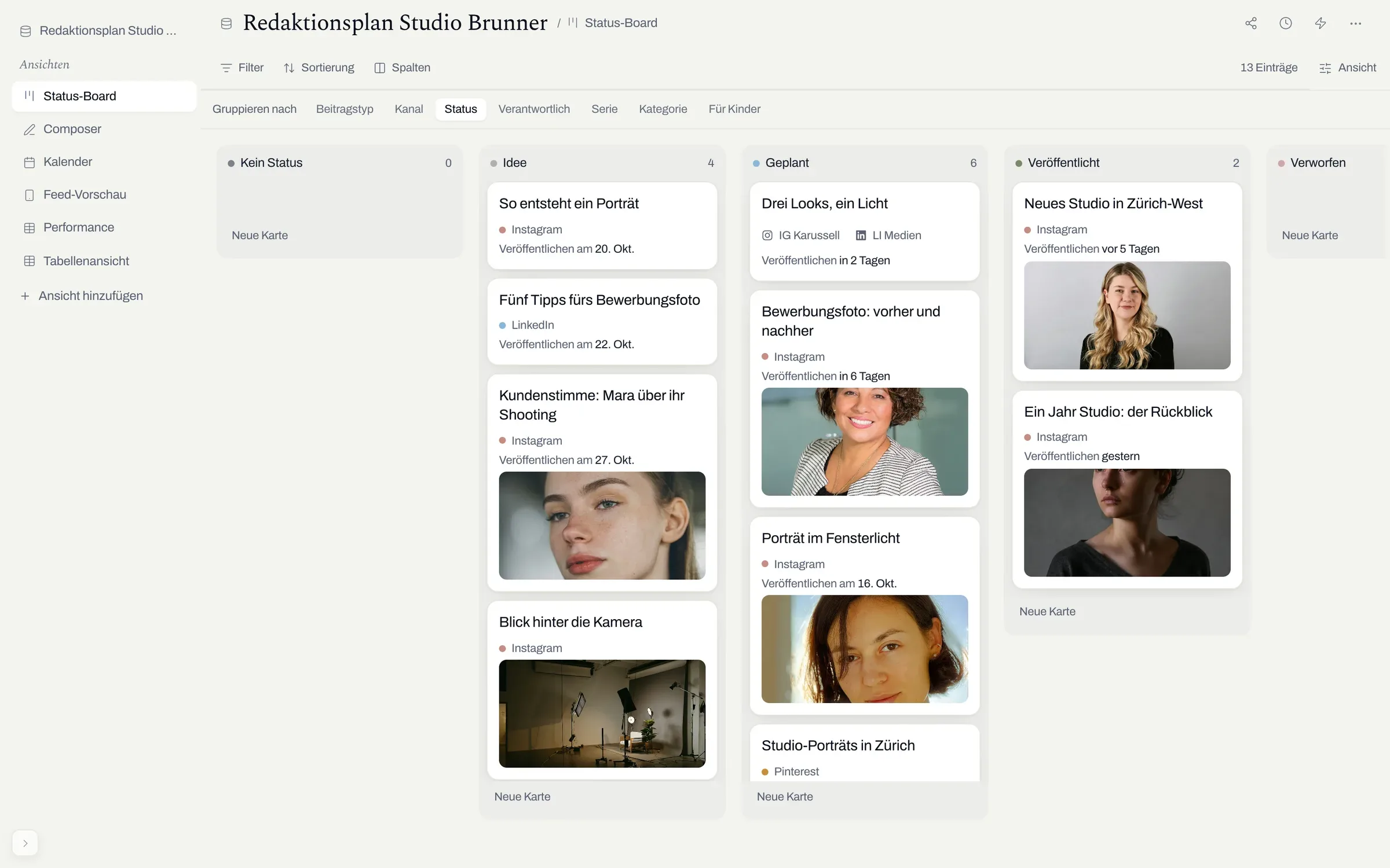 Status-Board mit den Spalten Idee, Geplant und Veröffentlicht; die Karte „Drei Looks, ein Licht“ zeigt die Knöpfe „IG Karussell“ und „LI Medien“