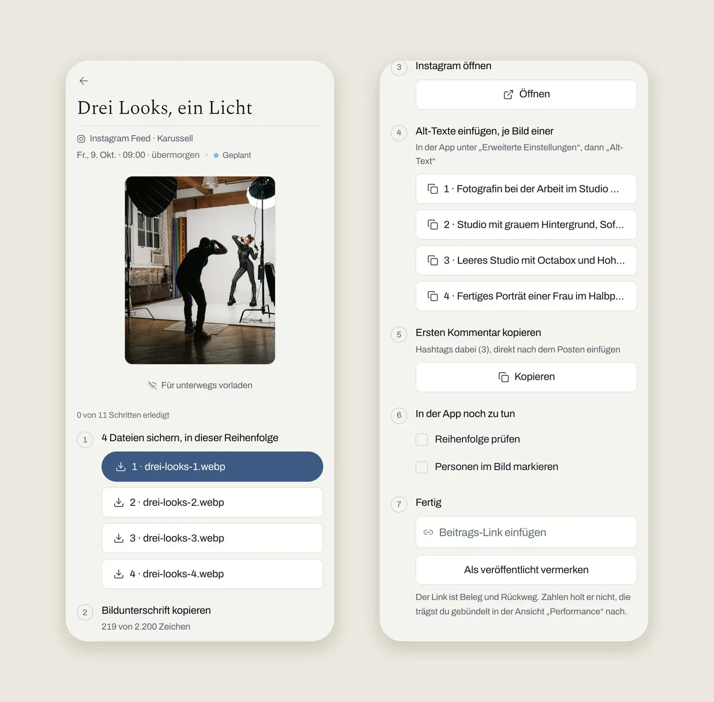 Übergabe am Handy: vier Dateien in Reihenfolge, Bildunterschrift kopieren, Instagram öffnen, Alt-Texte, ersten Kommentar und Beitrags-Link