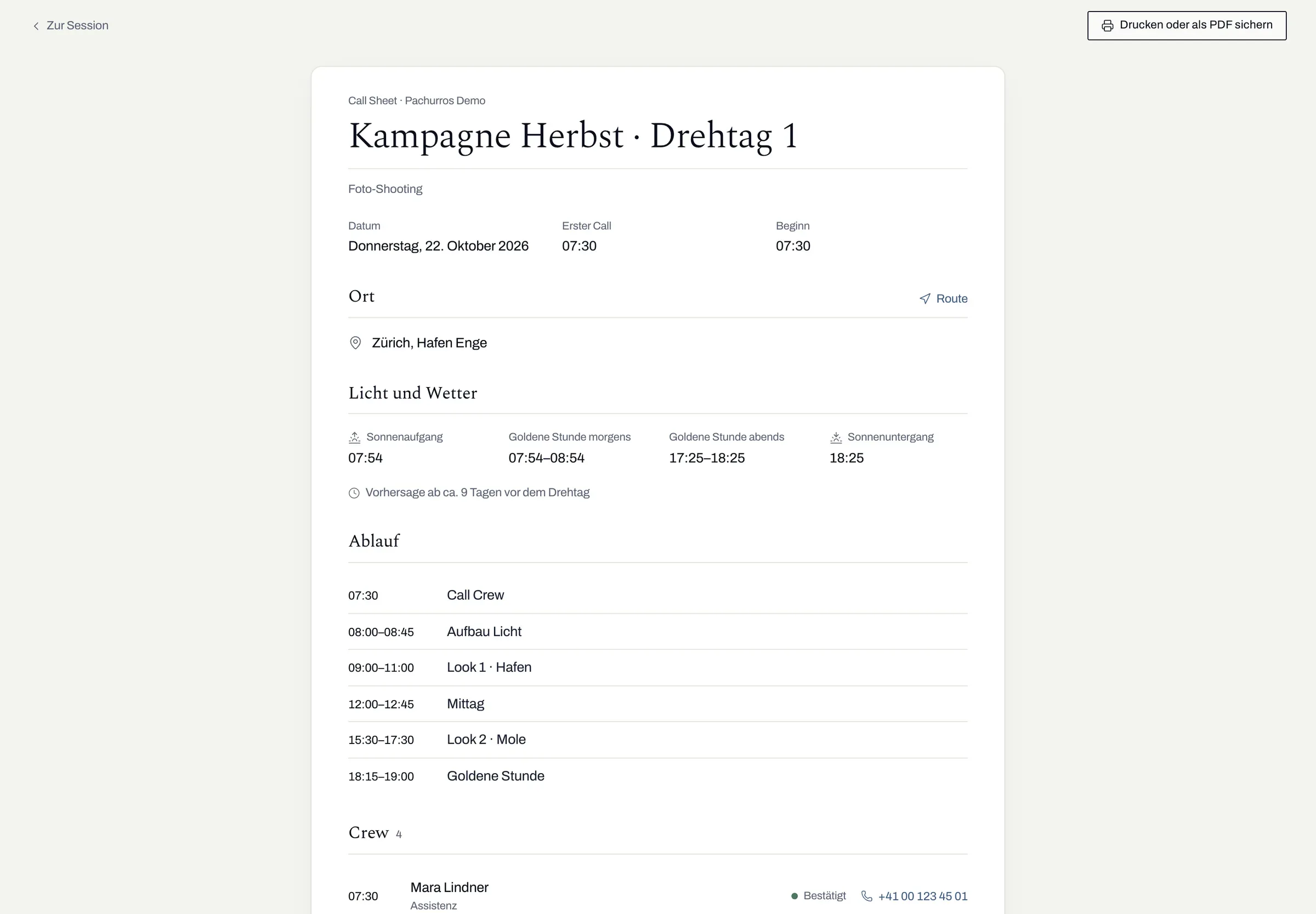 Call Sheet mit Datum, Ort, Sonnenzeiten, Ablauf und Crew