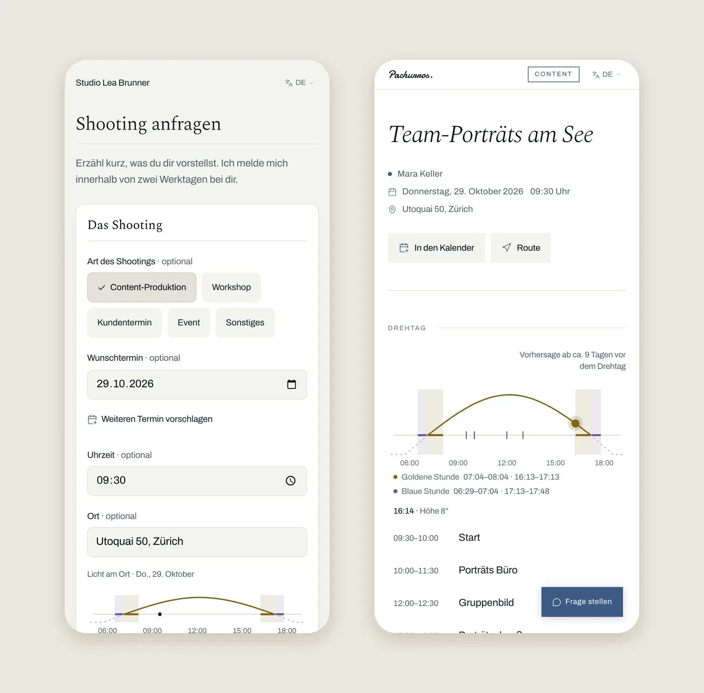Zwei Handys: links das Formular „Shooting anfragen“ mit Wunschtermin, Ort und Licht am Ort, rechts der Brief „Team-Porträts am See“ mit Drehtag und Ablauf