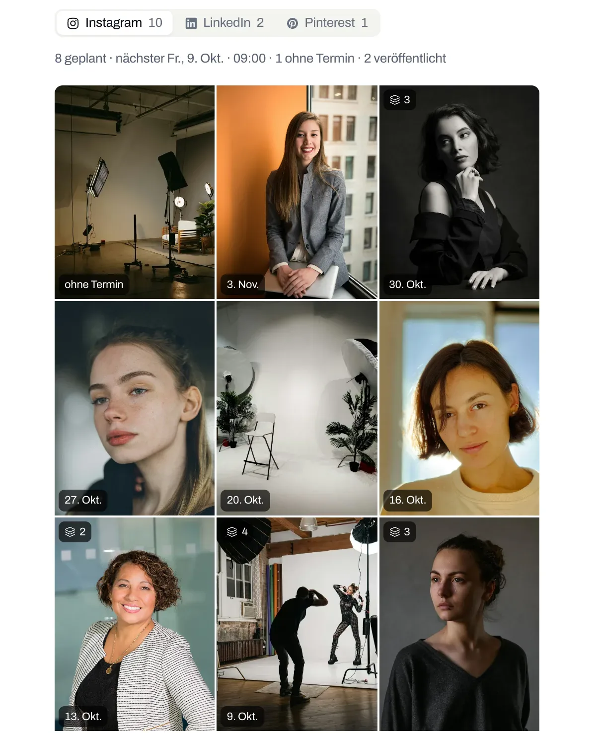 Feed-Vorschau für Instagram: Raster aus neun Hochformat-Kacheln mit Datum und Karussell-Zahl