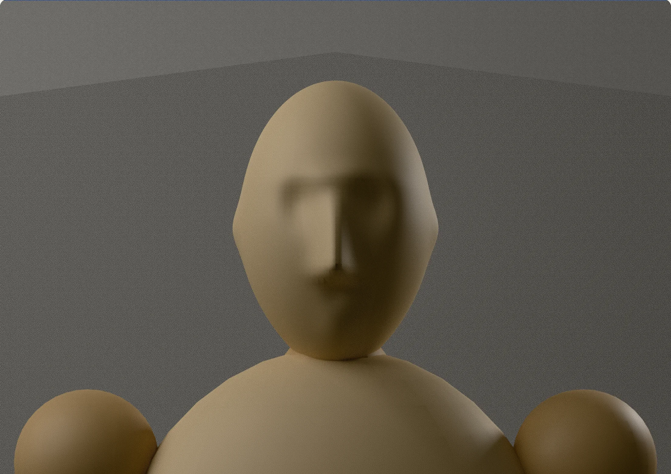 Gerendertes Bild durch die Kamera mit 85 mm: die Gliederpuppe mit weichem Licht von links und Schatten auf der rechten Gesichtshälfte
