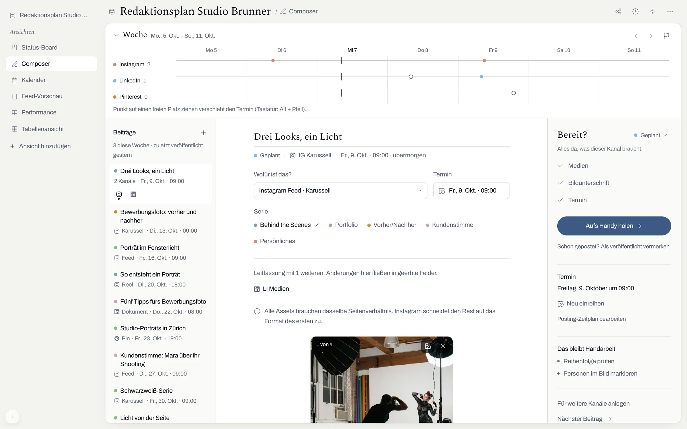 Composer mit Wochenband, Beitragsliste, dem Karussell „Drei Looks, ein Licht“ und der Spalte „Bereit?“