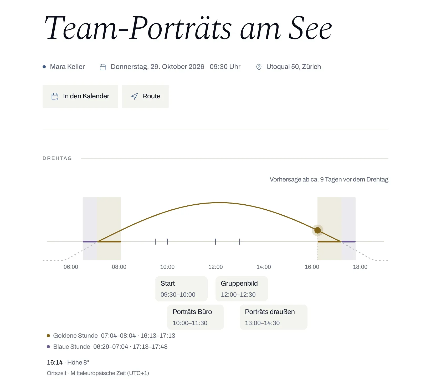 Brief „Team-Porträts am See“ mit Datum, Ort, In den Kalender, Route und dem Drehtag mit Ablauf