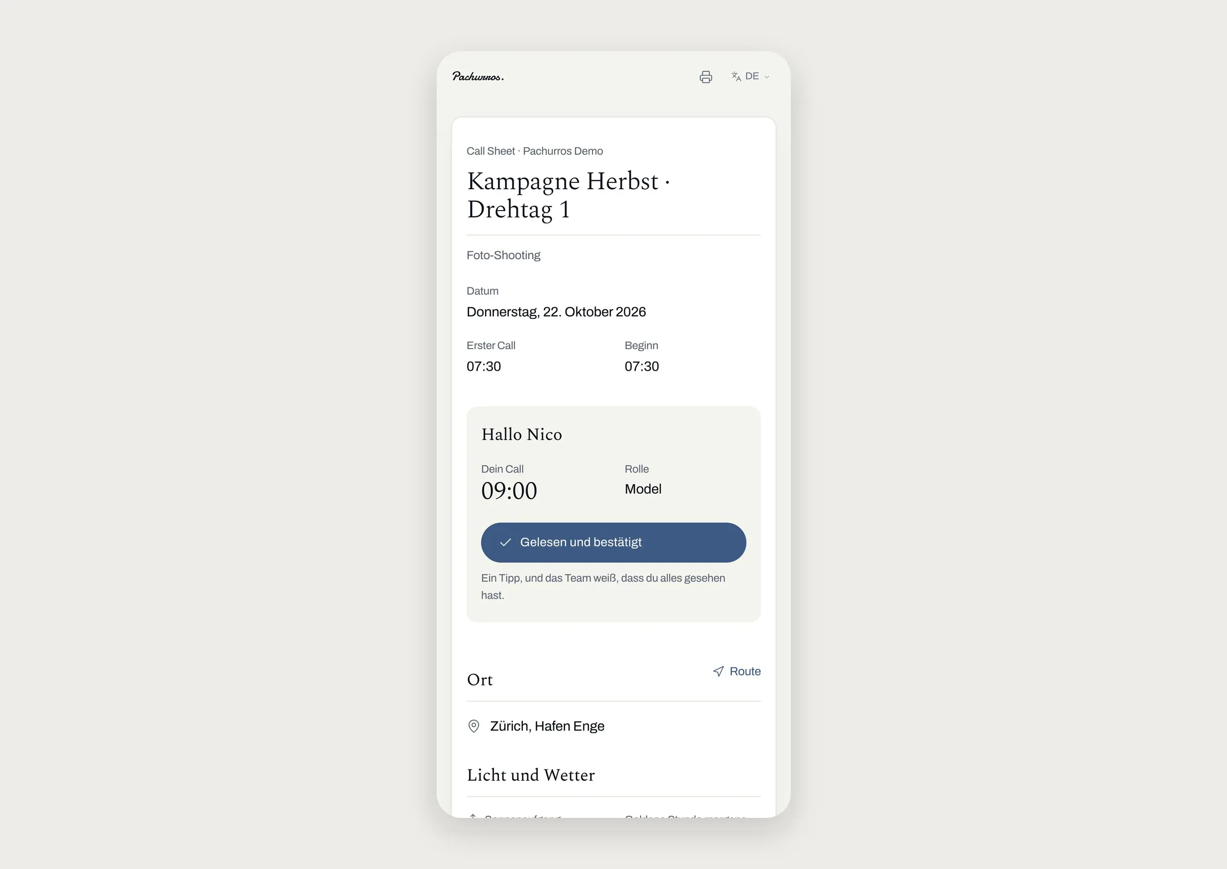 Persönlicher Call Sheet am Handy mit eigenem Call um 09:00 und dem Knopf „Gelesen und bestätigt“