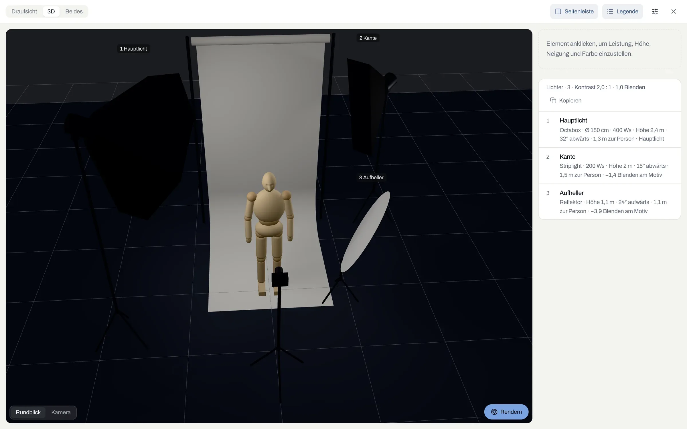 3D-Ansicht des Aufbaus: Gliederpuppe vor grauer Papierrolle, links die Octabox, rechts hinten das Striplight, vorn rechts der Reflektor, davor die Kamera auf dem Stativ